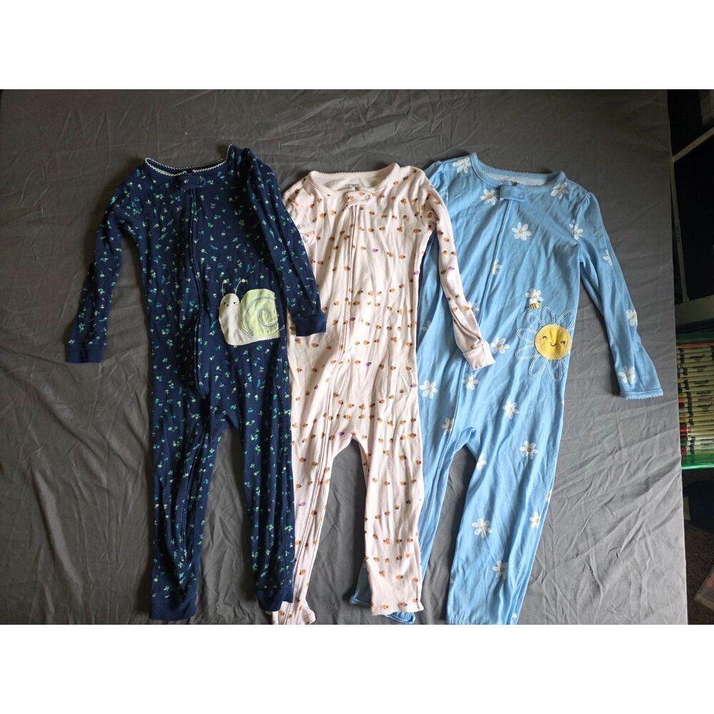 Lot of 3 Carter's Footless One-Piece Pajamas Rompers Sleepers Girls 4T